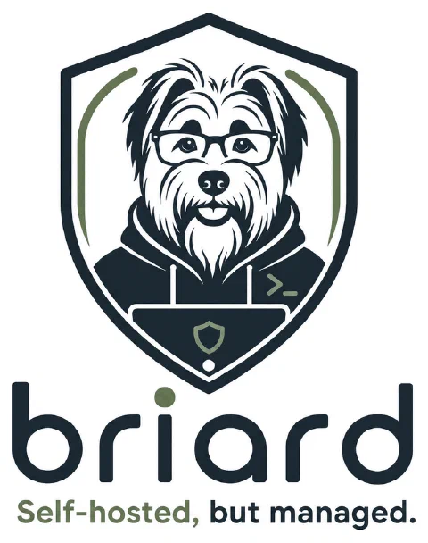Briard — a briard dog at a laptop, on a shield, above the words
"Self-hosted, but managed."